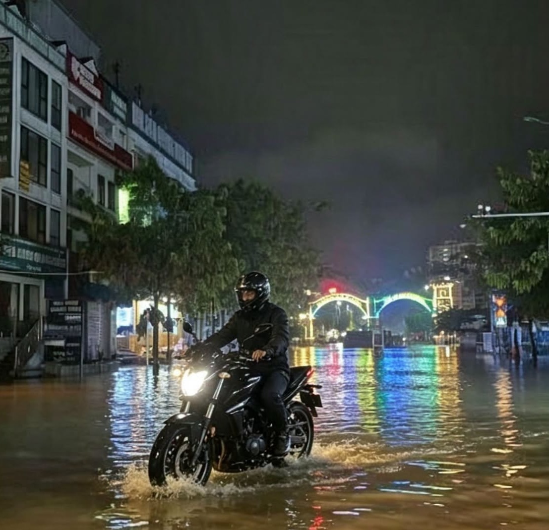 Phương tiện gầm cao cũng gặp nhiều khó khăn khi di chuyển qua vùng nước ngập trước cổng chào Nam An Khánh.