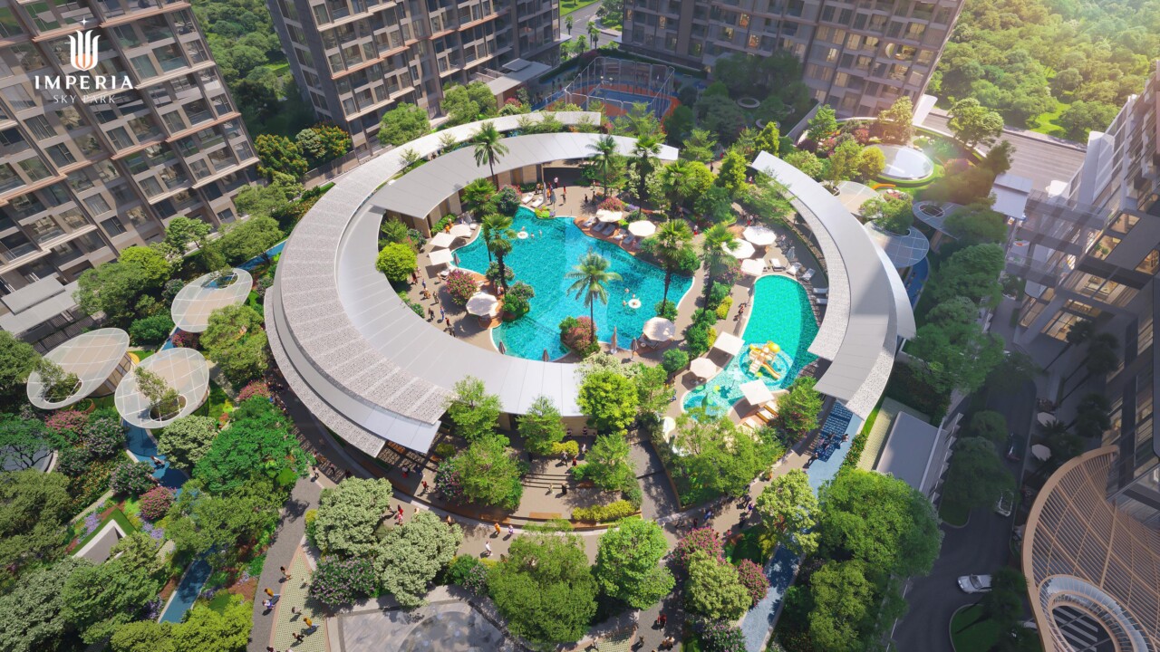 Không gian hồ bơi chuẩn phong cách nghỉ dưỡng nhiệt đới phục vụ cư dân tại dự án Imperia Sky Park
