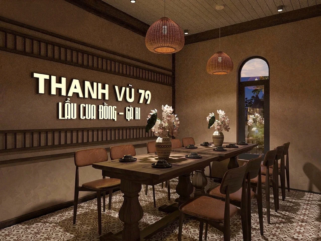Phòng VIP trang nhã, riêng tư với điểm nhấn hoa sen thanh khiết, phù hợp cho các buổi tiếp khách hoặc liên hoan gia đình.