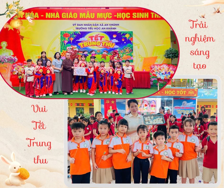 Nụ cười hạnh phúc của cô giáo và các em học sinh bên khay bánh trung thu tự tay thực hiện.