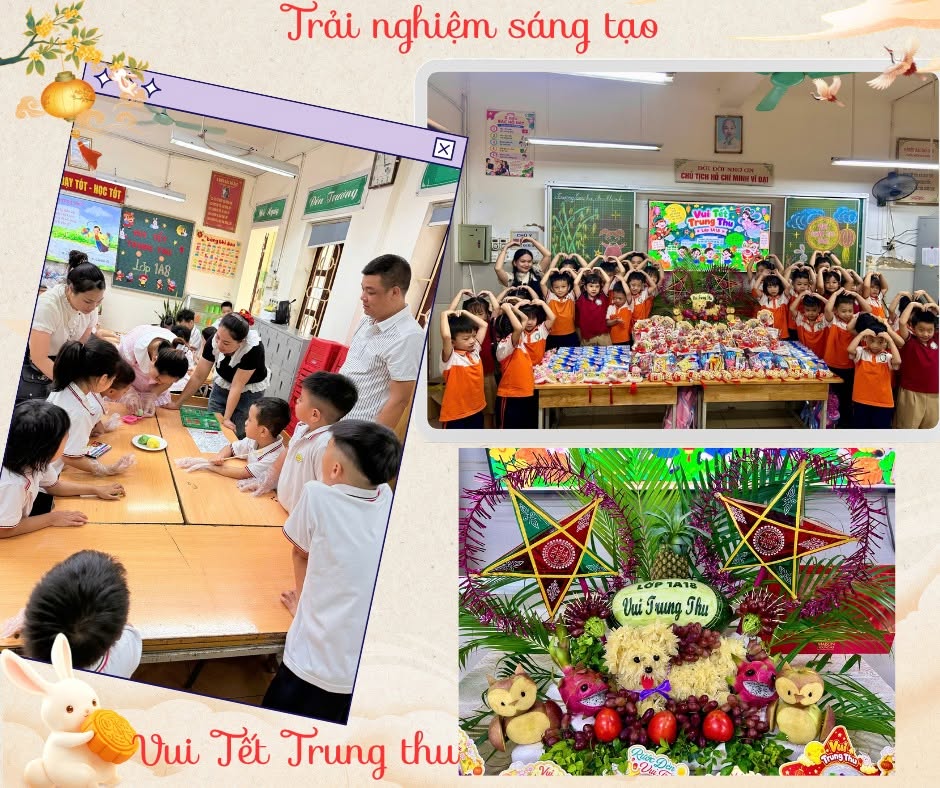 Các em học sinh thích thú tự tay nặn bánh dẻo và hào hứng tạo dáng bên mâm cỗ Trung thu rực rỡ của lớp mình.