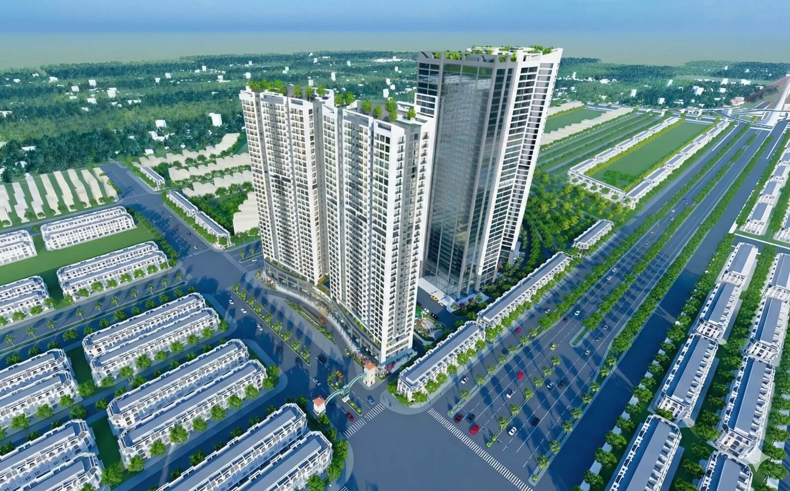 Phối cảnh tổng quan dự án Metropoli5 tại xã An Khánh, thành phố Hà Nội với kiến trúc sinh thái mở và mật độ phủ xanh ấn tượng