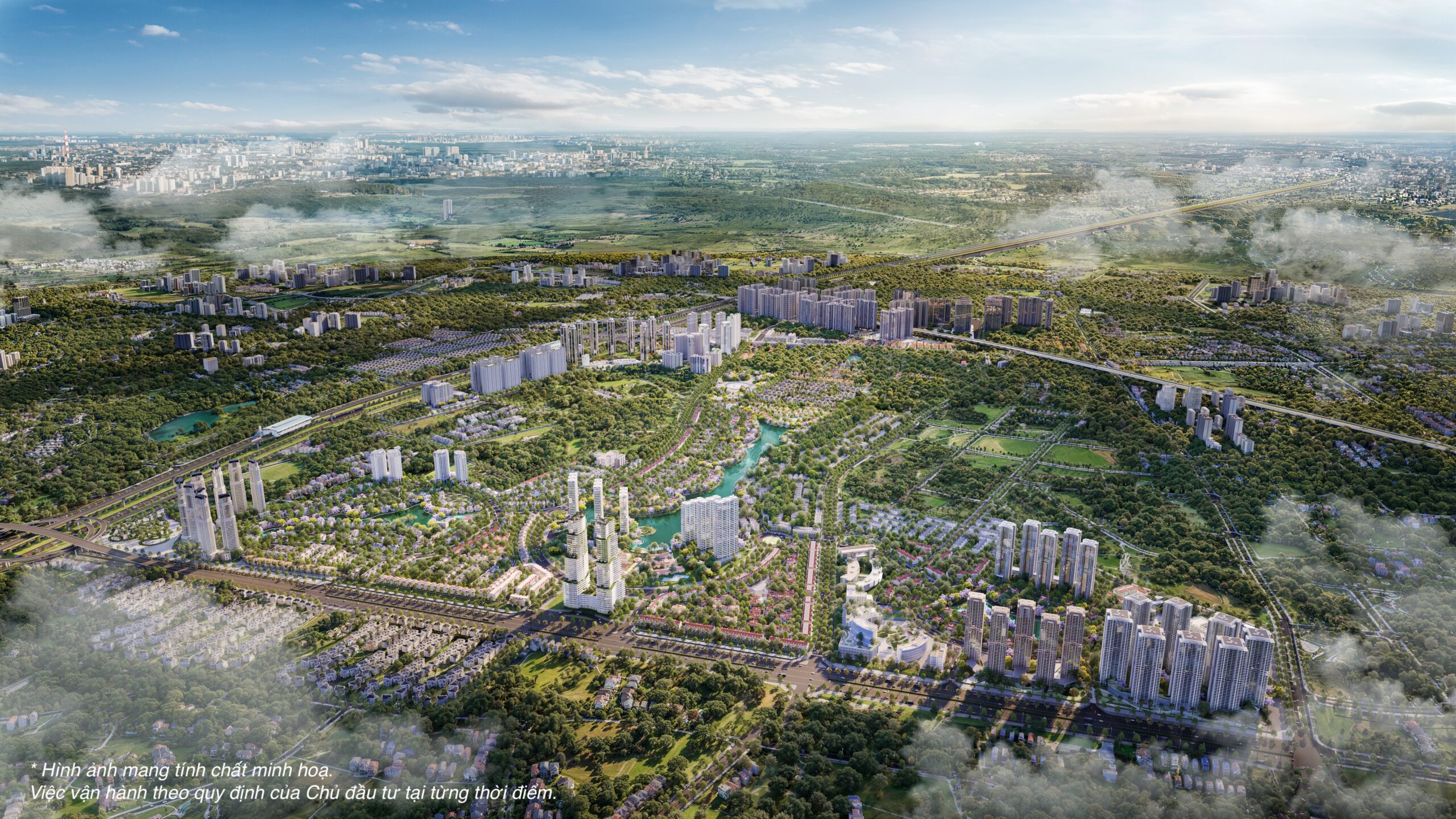 Phối cảnh tổng quan dự án Vista Nam An Khánh với quy hoạch hài hòa giữa các dãy biệt thự thấp tầng và dải chung cư cao tầng dọc Đại lộ Thăng Long.