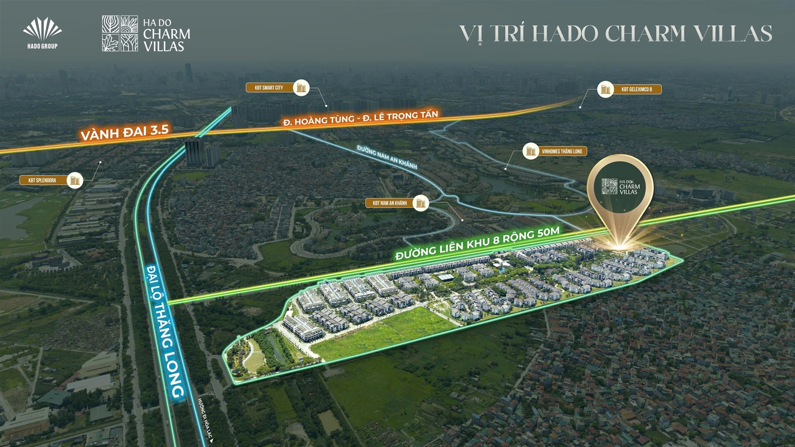 Sơ đồ vị trí chiến lược của dự án Hado Charm Villas tại xã An Khánh, nằm giữa các trục vành đai và đại lộ huyết mạch phía Tây.