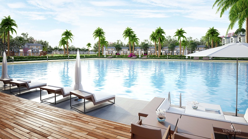 Tổ hợp tiện ích Clubhouse và hồ bơi ngoài trời phong cách nghỉ dưỡng phục vụ cư dân Vinhomes Thăng Long