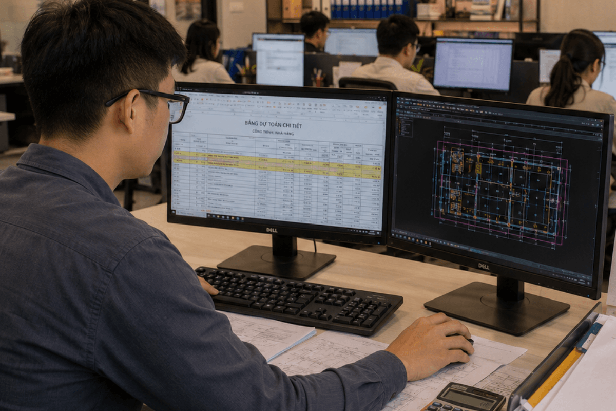 Nhân viên dự toán TLI Hà Nội kết hợp xử lý dữ liệu bản vẽ kỹ thuật và bảng tính giá thành trên phần mềm chuyên dụng.