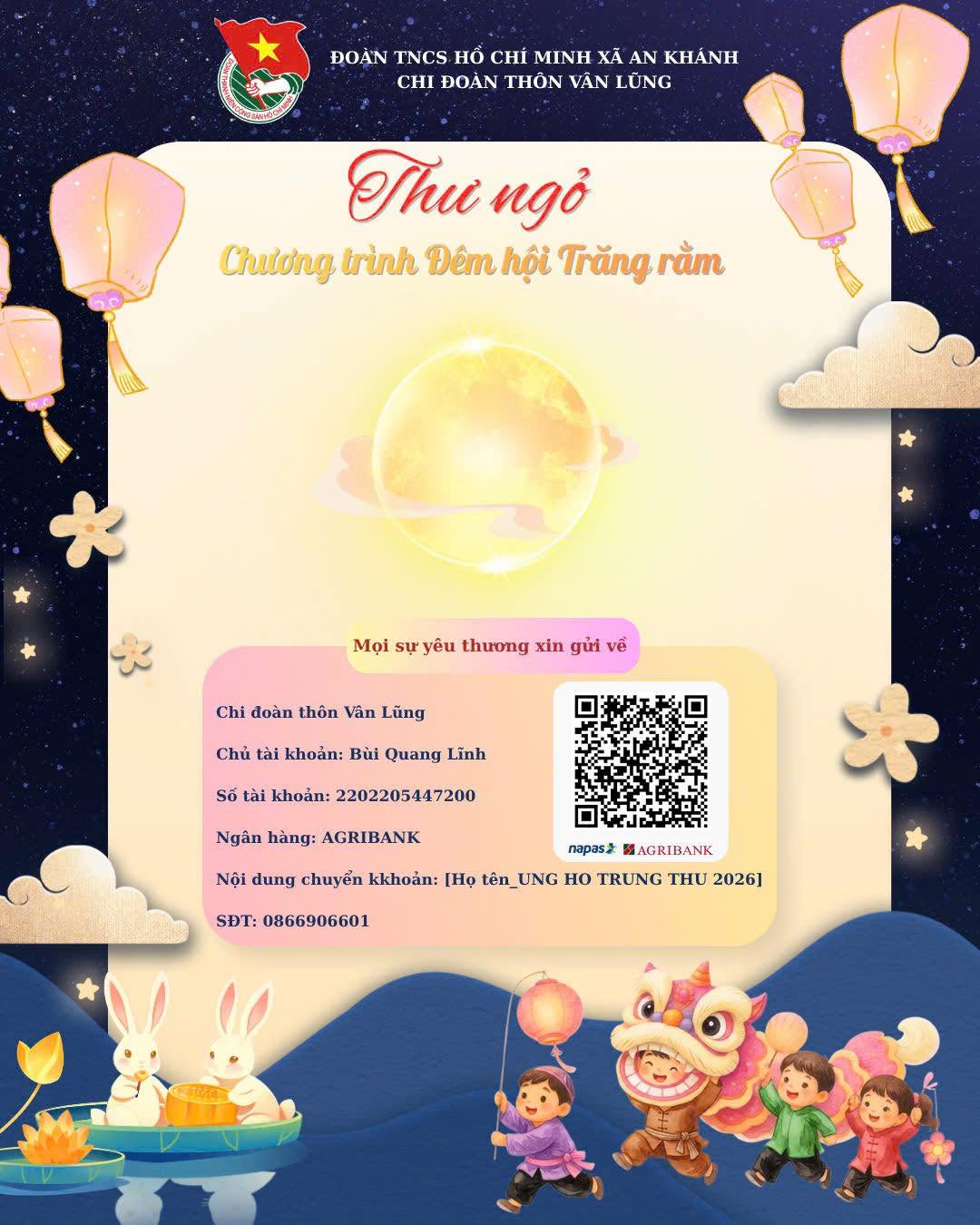 Poster thông tin tài khoản ngân hàng và mã QR chính thức tiếp nhận ủng hộ chương trình Trung thu thôn Vân Lũng 2026.