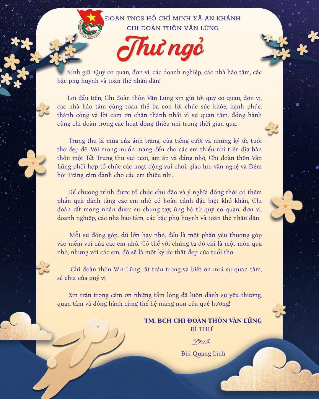 Toàn văn Thư ngỏ vận động ủng hộ chương trình "Đêm hội Trăng rằm" của Ban Chấp hành Chi đoàn thôn Vân Lũng gửi tới các đơn vị và nhà hảo tâm.