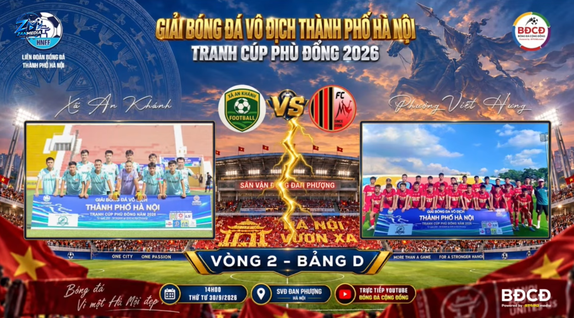 Poster truyền thông chính thức của trận đấu vòng 2 Bảng D giữa FC Xã An Khánh và FC Phường Việt Hưng thuộc Giải bóng đá Vô địch thành phố Hà Nội 2026.