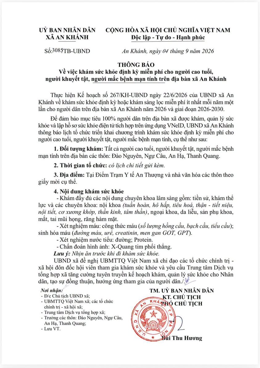 Toàn văn Thông báo số 3085/TB-UBND do Phó Chủ tịch UBND xã An Khánh Bùi Thu Hương ký ban hành.