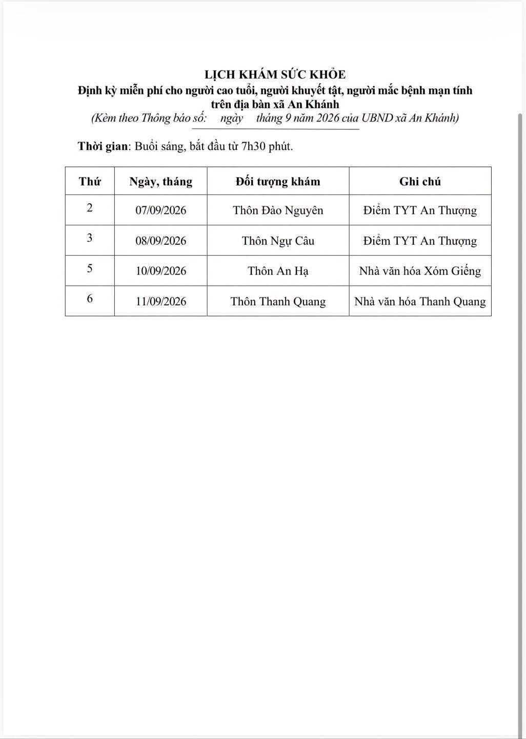 Bảng phân bổ thời gian và địa điểm khám sức khỏe cho nhân dân các thôn Đào Nguyên, Ngự Câu, An Hạ, Thanh Quang.